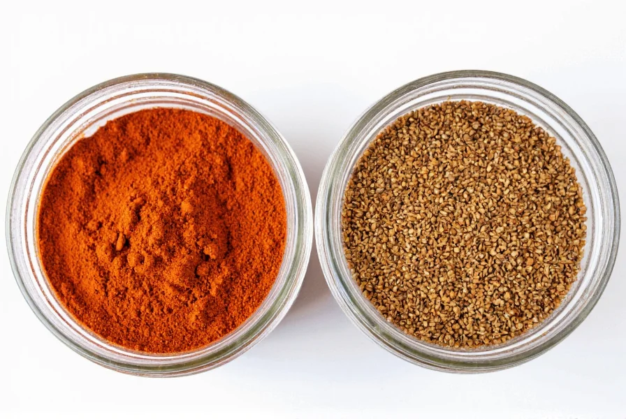 Chili powder and cumin seeds side by side in spice jars for comparison