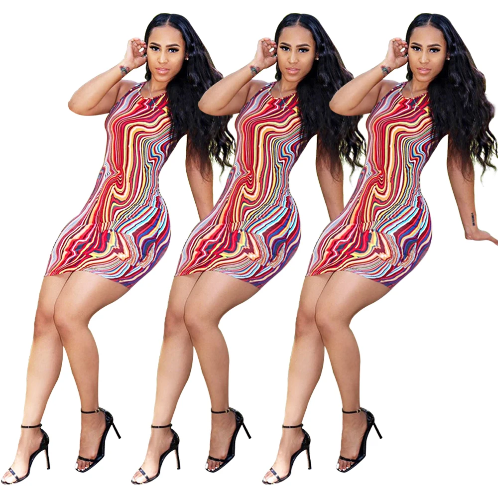 

Foma FA7008 New arrival wholesale clothing print sexy bodycon summer women fashion colorful stripe off shoulder dress, As picture shown