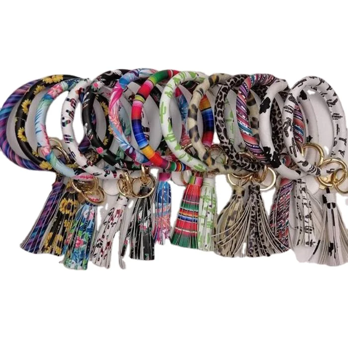 

Hot Multiple Styles Round Bangle Key Ring Pattern Leather Wrap Tassels Bracelets Keychain Wristlet Bracelet Tassel Keychain, 24 colors