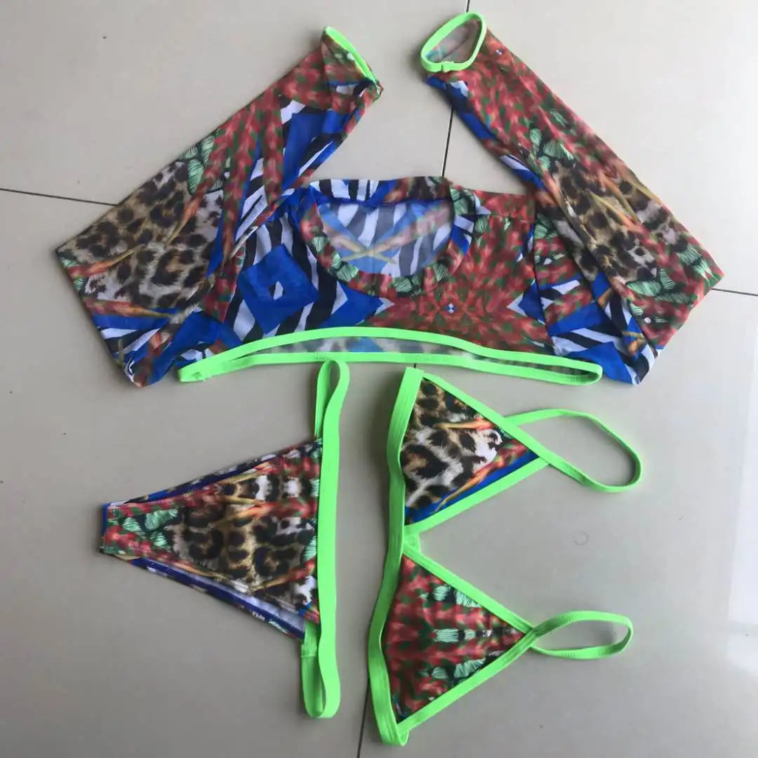 
2020 New 4XL 5XL women plus size swimwear 3 piece swimsuit leopard print long sleeve bathing suit 