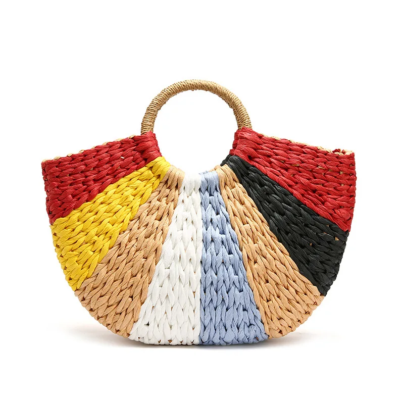 

2020 Half Circle Moon Shape Woven Bag Straw Handbags Vintage Woven Handbag Black and White Fashion for Women Single Hollow Out, Pure color
