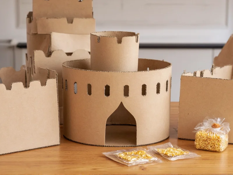 Recycled cardboard castle craft materials on wooden table