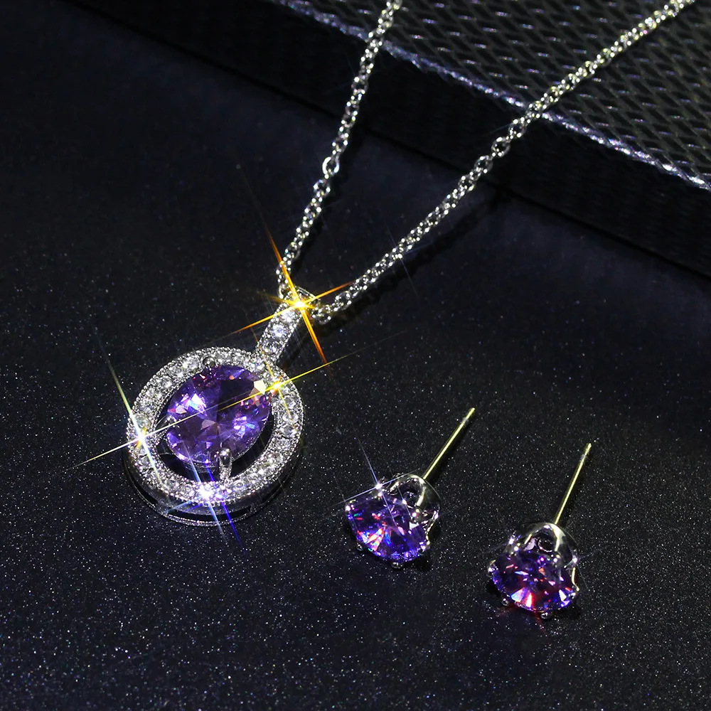 

Creative Sparkling Purple Diamond Cz Oval Jewelry Set Micro Paved Cubic Zircon Round Pendant Necklace Earrings Set for Women