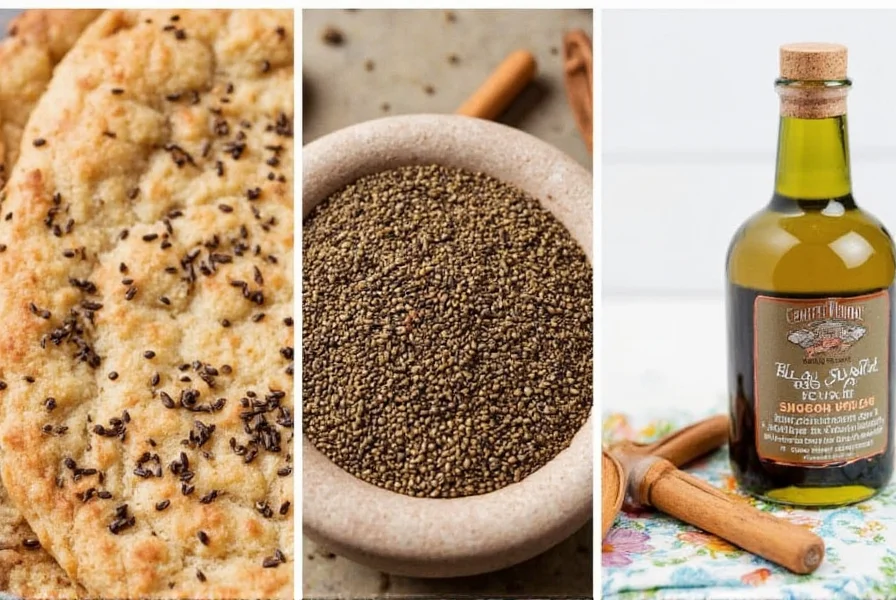 Various culinary preparations featuring black seed cumin including flatbread with seeds on top, spice blend in mortar and pestle, and oil bottle