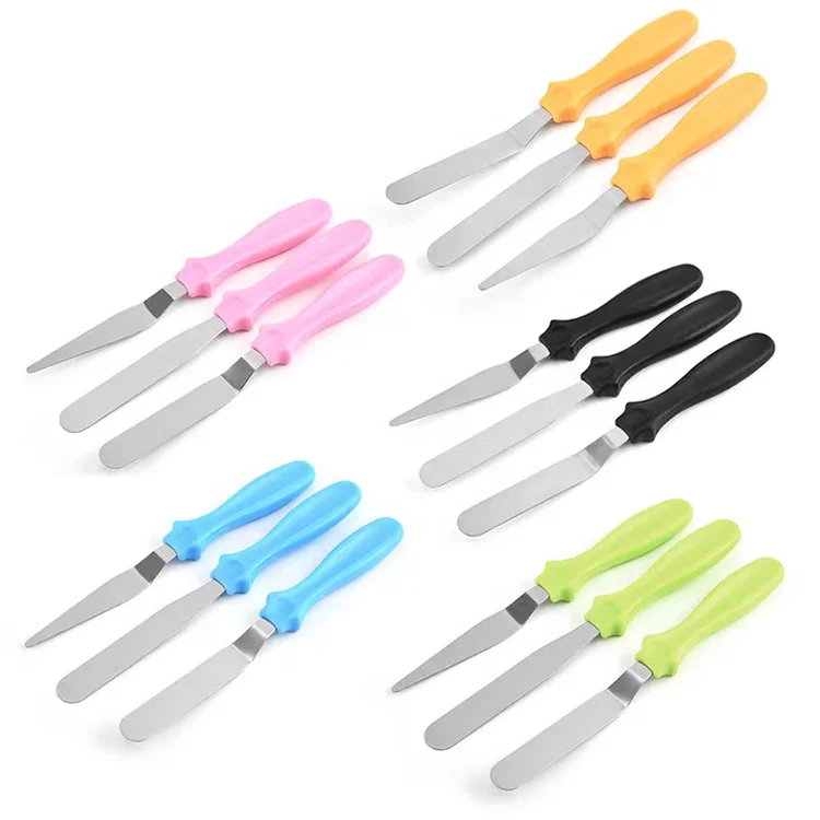 

Hot Selling 3Pcs Stainless Steel Cake Icing Spatula Set with Colorful Handle, Silver