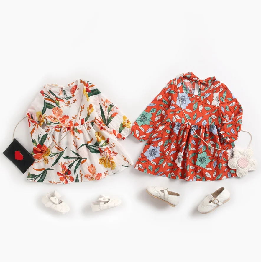2019 Autumn Spring fashionable dresses girls party pinafore floral design kids clothing long sleeve floral baby dress