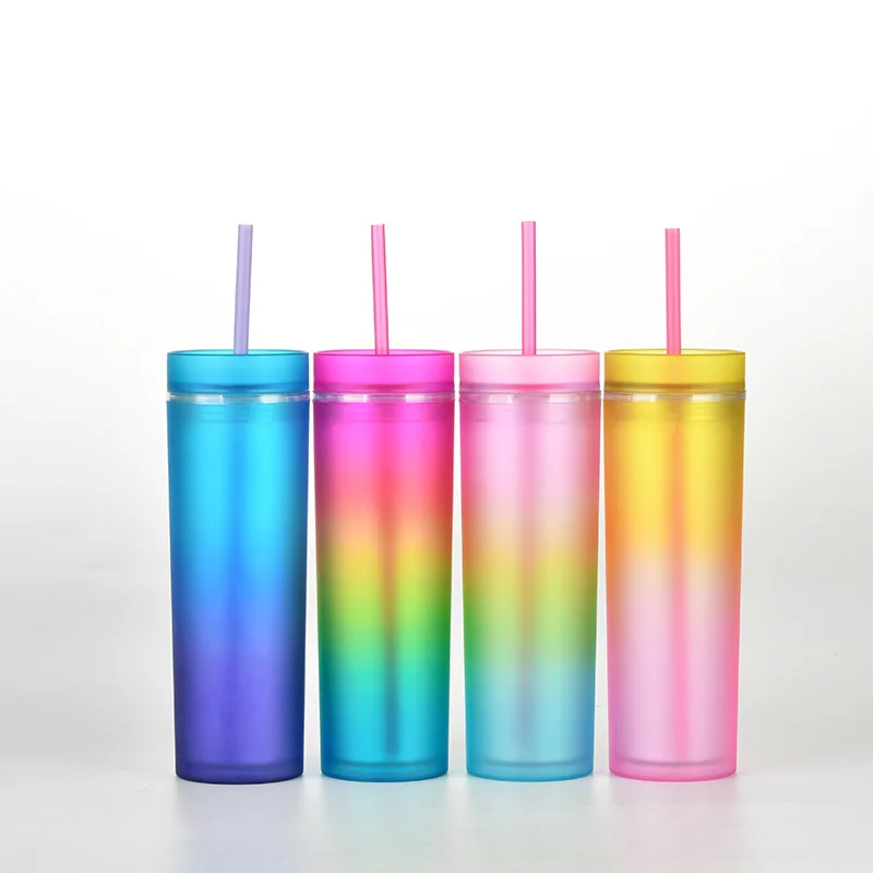 

A3687 16oz Color Cups Discoloration Mug Lid Water Tumbler Gradient Color Cup Plastic Double Wall Bottles with Straw, Colors