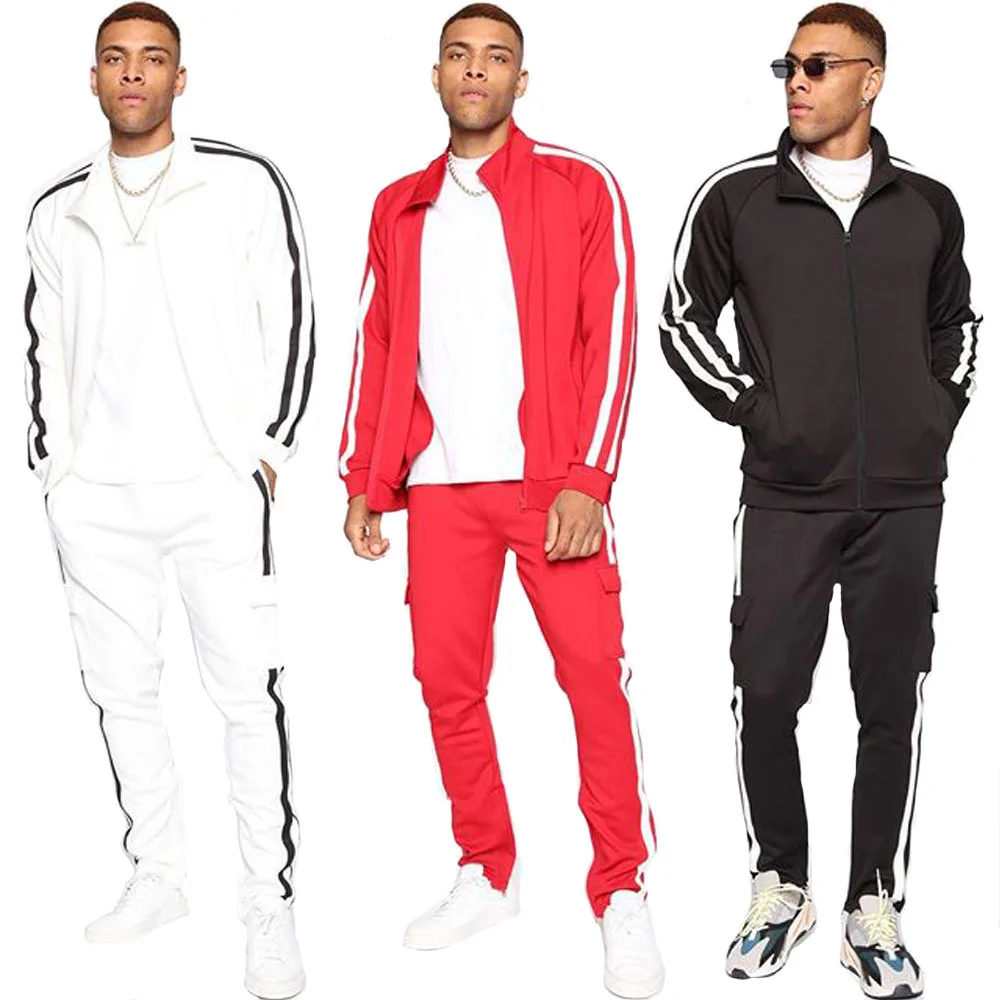 

Fashion blank outdoor running custom tracksuit men reflective tracksuit with side casual polyester stripe tracksuits, Customized colors