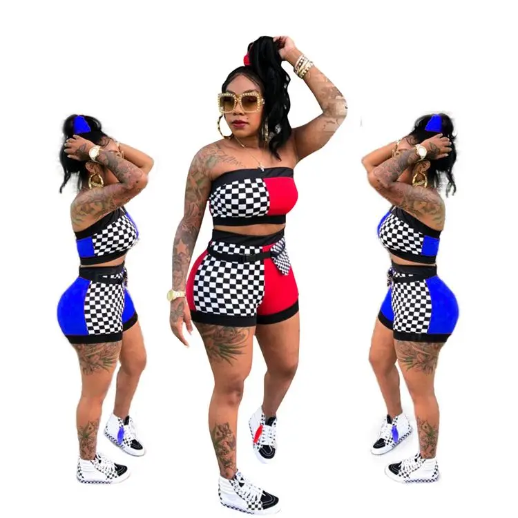 

K-0198 Summer Fashion Strapless Top Sport Casual Woman Two Piece Shorts Outfit