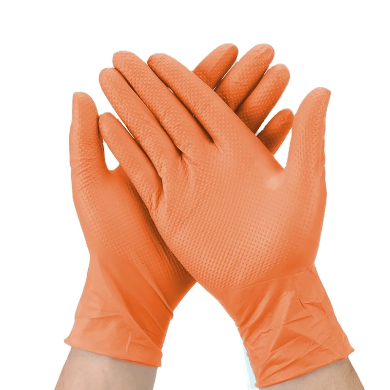 

Custom Logo Anti-slip Raised Diamond Texture Orange Pure Nitrile Gloves Waterproof Comfortable Orange Gloves For Auto Mechanic