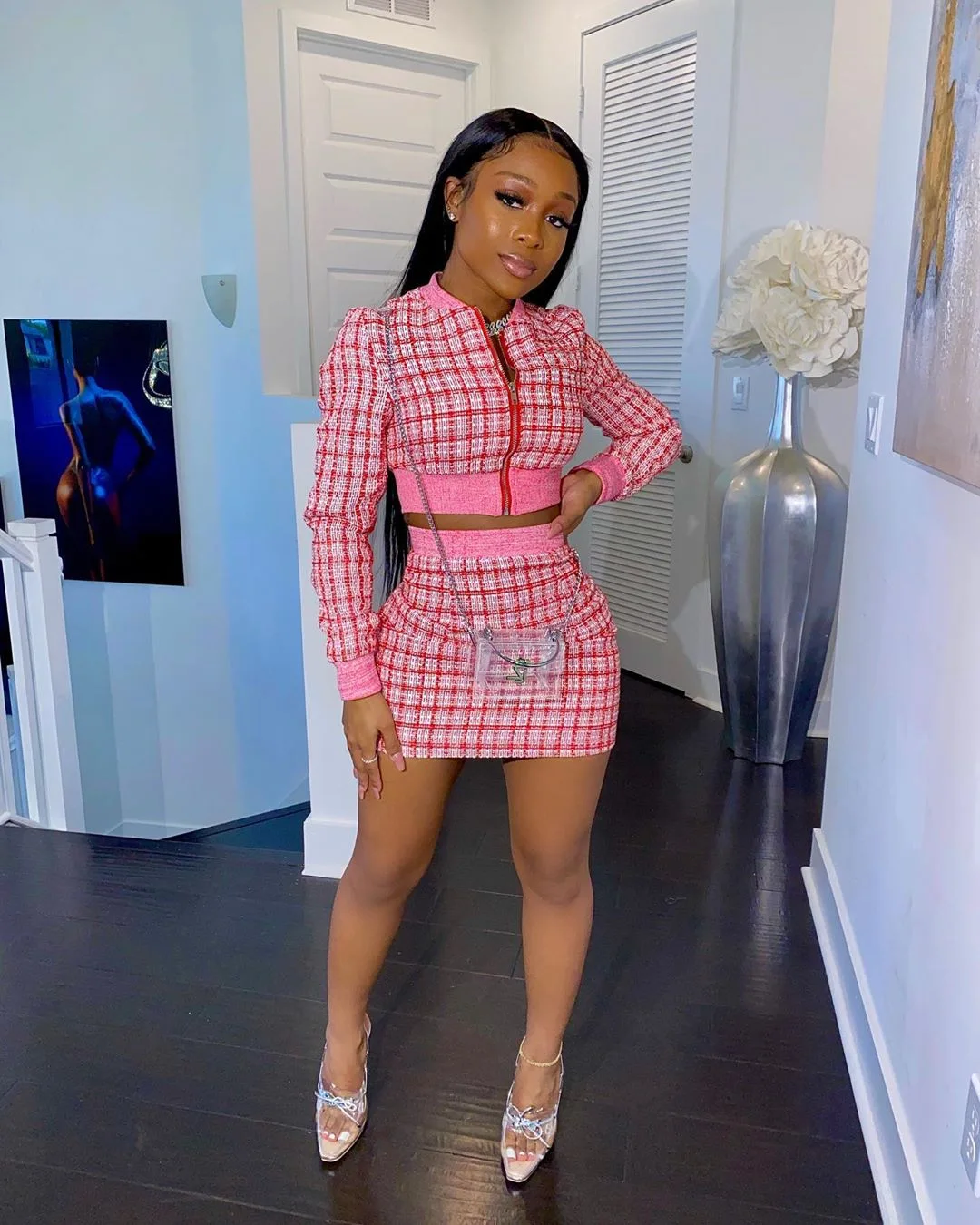 

Plaid Neon Green 2 Piece Skirt Set Outfits Women Zipper Bodycon Long Sleeve Crop Top and Skirt Set Women Matching Sets, As pictures