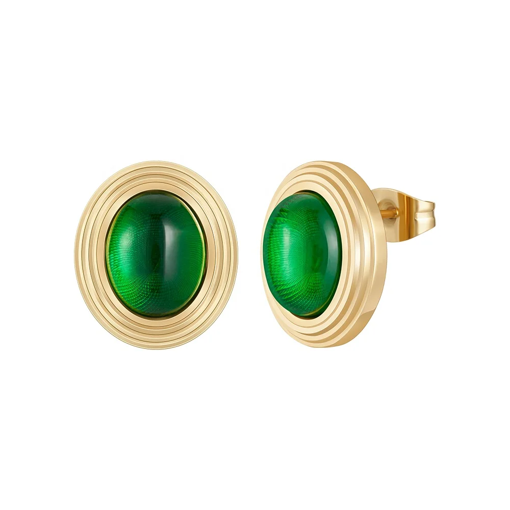 

Latest 18K Gold Plated Stainless Steel Jewelry Gold Color Oval Green Glass Stone Ear Stud For Women Accessories Earrings E231456