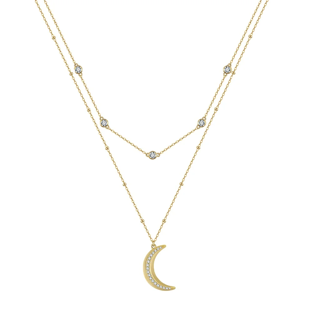 2024 Wholesale Fashion High Quality 2 Layer Necklace Jewelry 925  Sterling Silver Moon Cz Zircon Pendant Necklace for Women