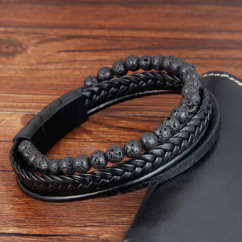 

2021 New Arrival Stainless Steel Clasp Leather Bracelet Braided Leather Natural Lava Stone Bracelet for Men Jewelry