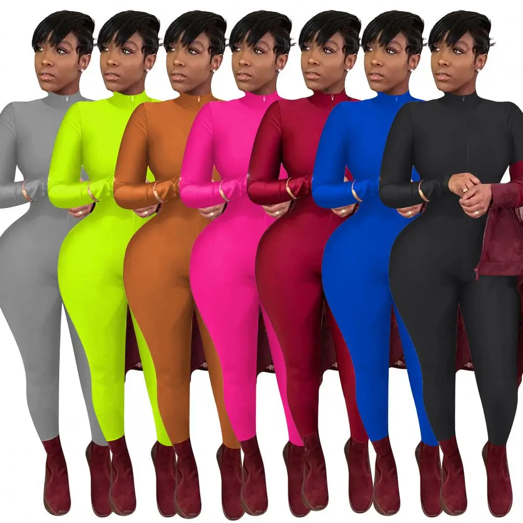 

2020 Wholesale New Arrival Women Ladies Spaghetti Strap One Piece Long Sleeve Neon Color Stacked Ruched Jumpsuit, As pictures
