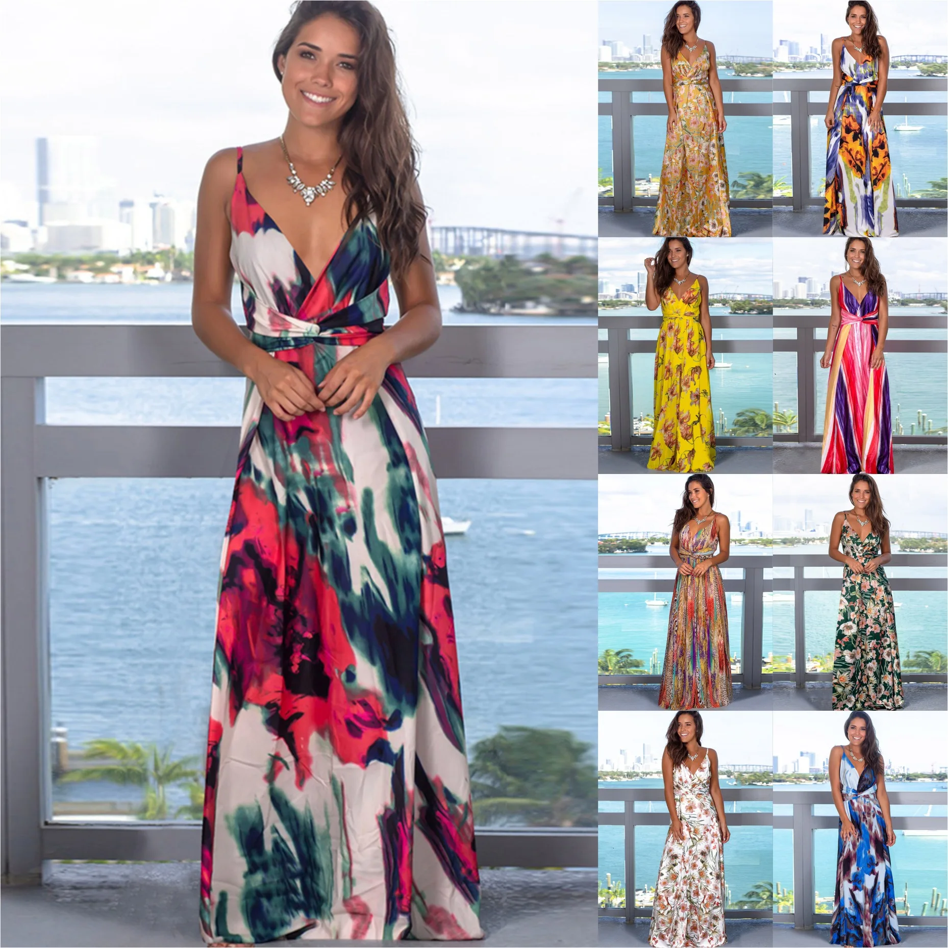 

Stock Women's Sling Floral Long Dresses arrival Summer Boho V-Neck Sleeveless Party Beach Print Maxi Dress Casual Sundress