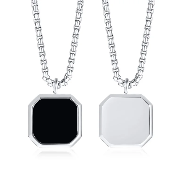 

high polished customized logo blank square black enamel pendant stainless steel rectangle pendant necklace