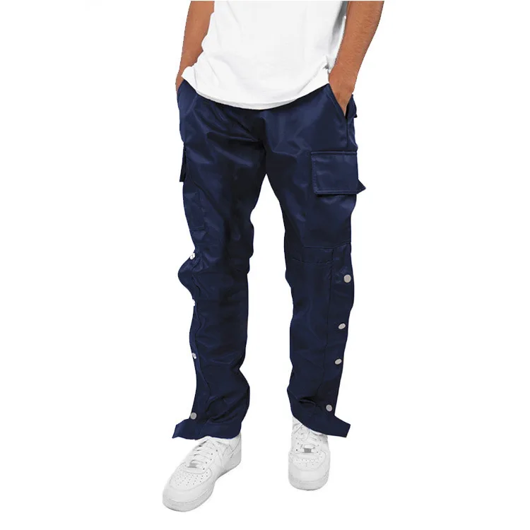 

Hot sales pure color snap buttons low MOQ mens streetwear pants with pocket