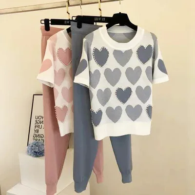 

New Arrival Beaded Heart Shape Short-Sleeved Sweater + Elastic Waist Pants Women Sweet 2pcs Suit Ladies Clothing Set