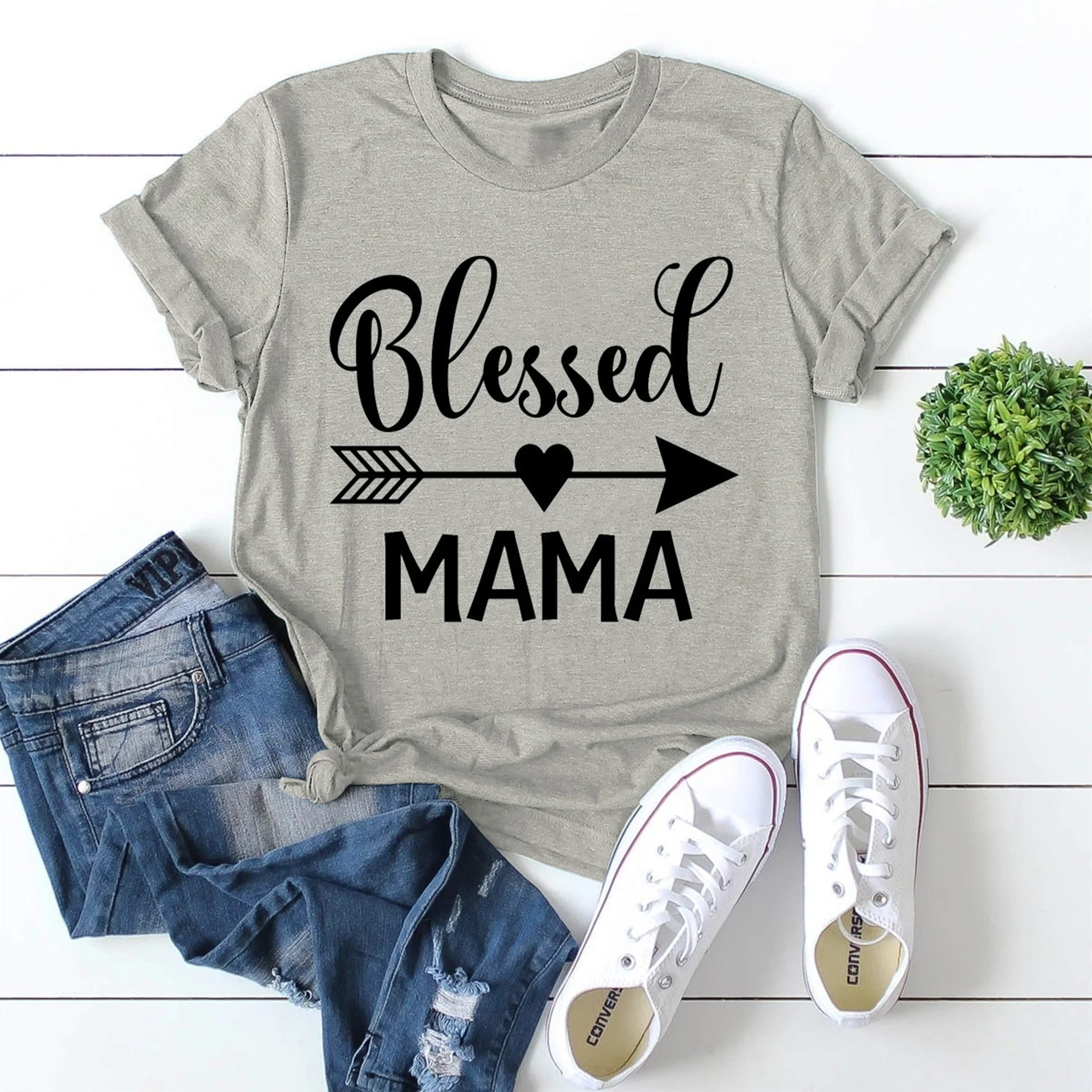 

Factory Sale Short Sleeve Cotton Printed Blessed Mama T shirt Mother's Day Gifts Shirts for Mom, Provide customization