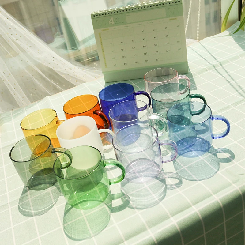 

Sell well heat resistant high borosilicate glass tea glass cup, Clear, green, blue, teal , yellow, amber, white , black , jade