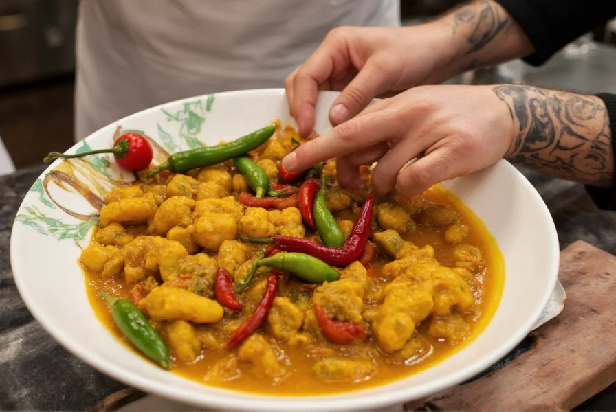 Chef preparing curry with various new chili varieties including Carolina Reaper hybrids and mild aromatic peppers