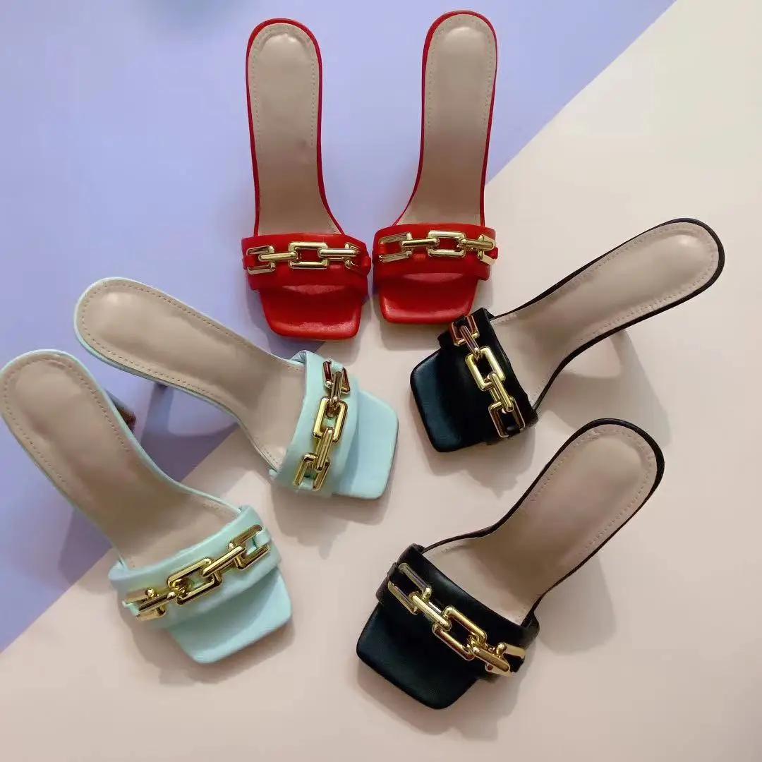 

2021 newest design plus size solid Spot Fashion Women's Shoes Square metal chain Heels Lady Sandals, Dazzle colourful