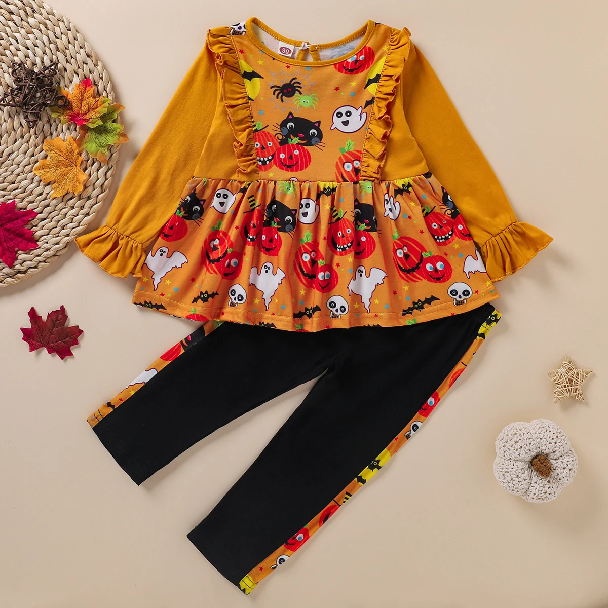 

New Children's Clothing European And American Style Halloween Costume Cartoon Pumpkin Print Leisure Suit, Yellow