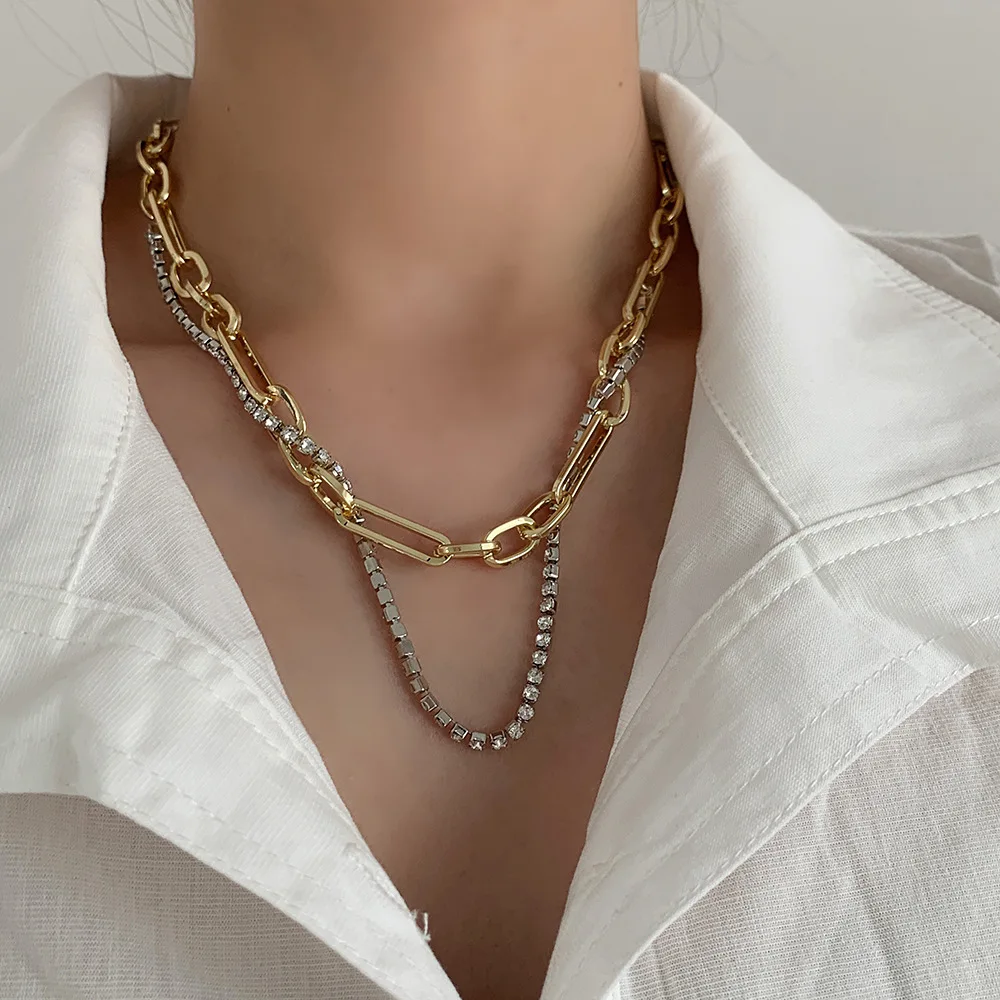 

OUYE 2021 chain necklace jewelry chain choker alloy French design double lay necklace for women rhinestone necklace zircon, Golden/silver
