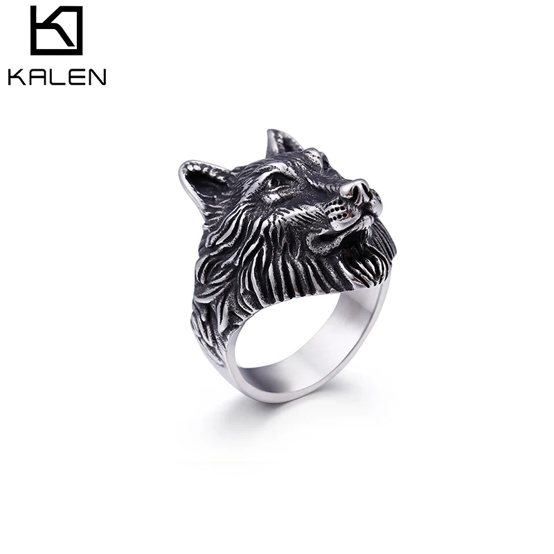 

KALEN Anillos Acero Inoxidable Biker Ring Silver Stainless Steel Animal Wolf Rings For Men