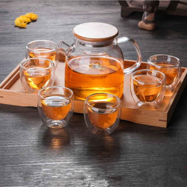 

high quality teapot set heat resistant fire burned glass tea infuser pot with wooden cover, Transparent