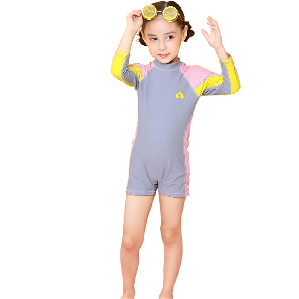 

kids swimwear long sleeve girls pool sportswear children sunblock tops one piece beachwear bathing suit back zipper swimsuit, Blue,grey