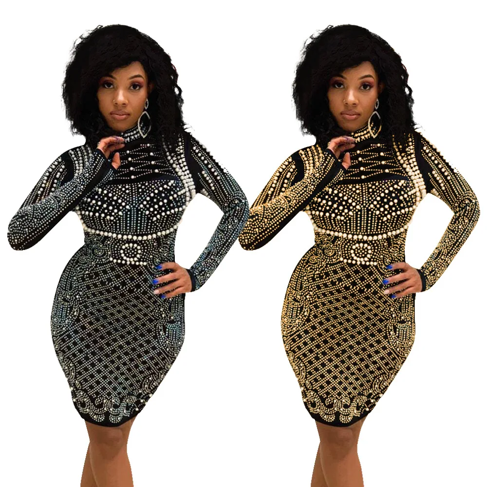 

High End Fall Winter 2022 Women Retro Geometric Rhinestone Turtleneck Long Sleeve Slim Fit Party Dress, Customized color