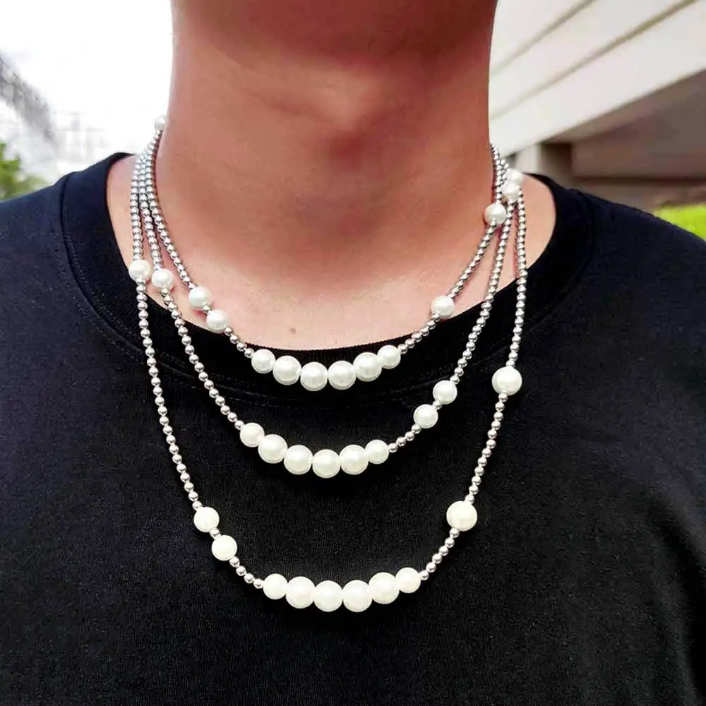 

Hip Hop Jewelry Stainless Steel Bead Necklace 6/8/10/12mm Mix Round Beaded Pearl Collarbone Chain Choker Necklace For Men