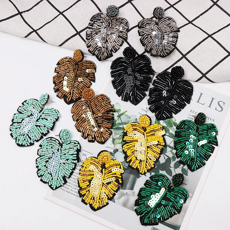 

Fashion Wholesale Creative Colorful Leaves Drop Earrings Exaggerated Seed Beads Leaf Earrings Women Bohemia Jewelry Accessories, Picture shows