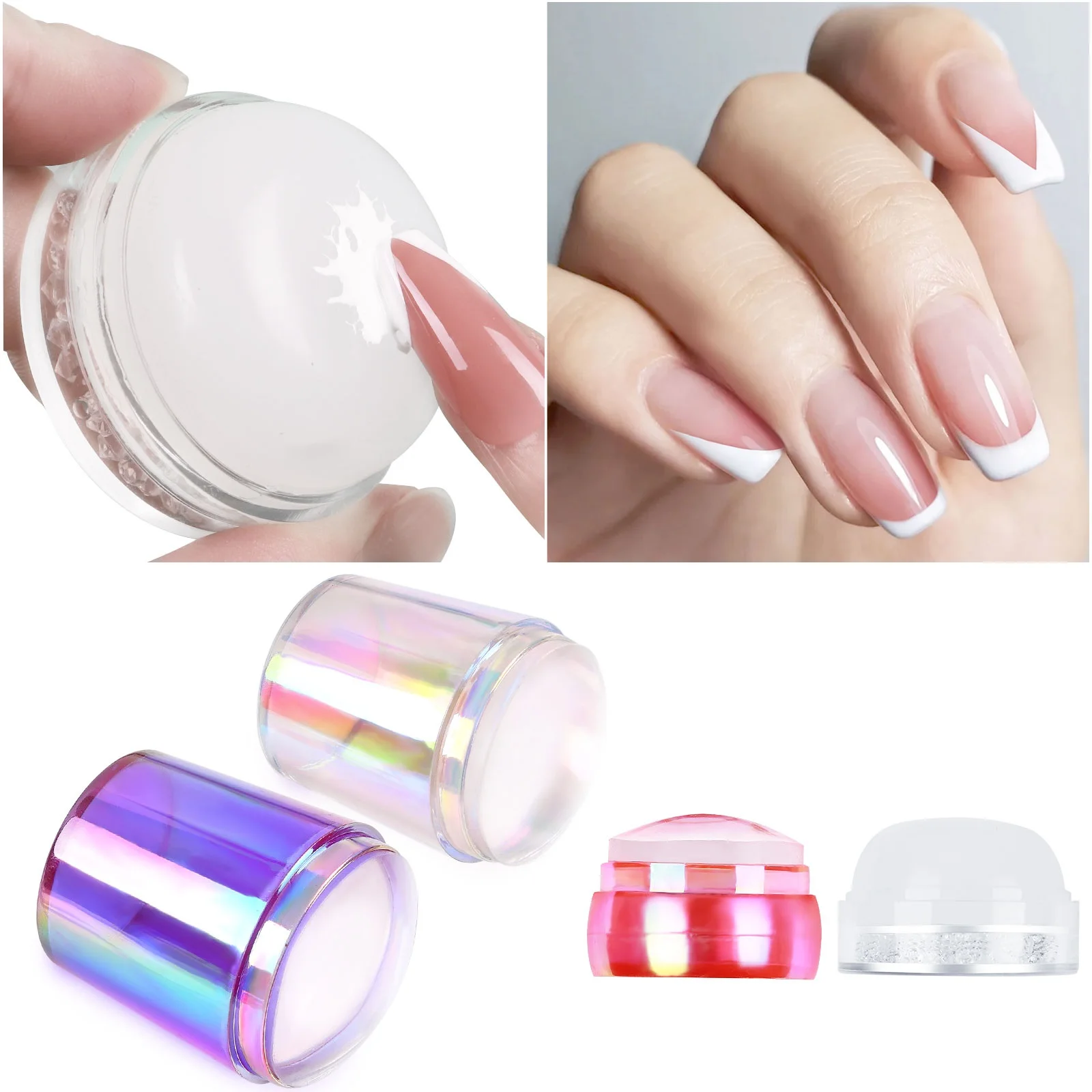 

Misscheering Aurora Color Clear Jelly Silicone Nail Art Stamper With Rhinestone 3.8cm Nail Stamp Stamping Tools For French Nail, Clear/pink/white