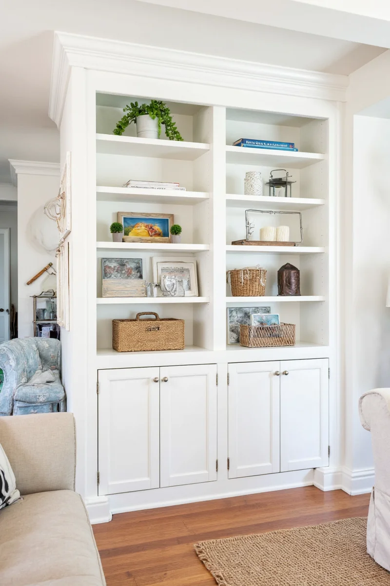 Modern living room with white built-in bookcase