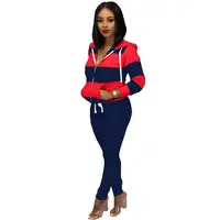 

New Arrivals Women Hooded Drawstring Front Zipper Long Sleeve Jacket Slim Pants 2 Pieces Set Striped Patchwork Outfits Tracksuit