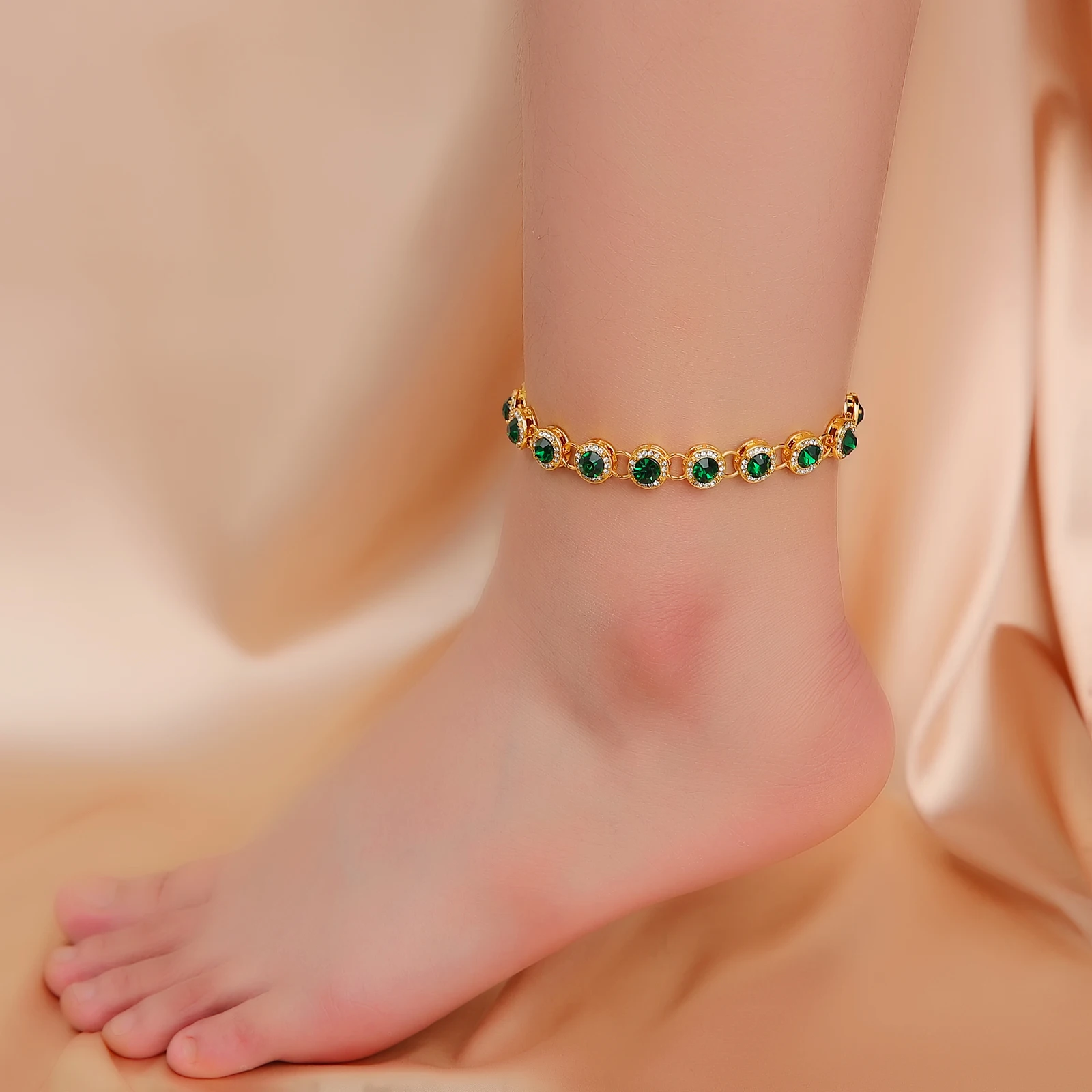 

New arrival Wholesale hip hop iced out cuban anklet Cuban link anklets and bracelet green crystal anklet for women foot jewelry