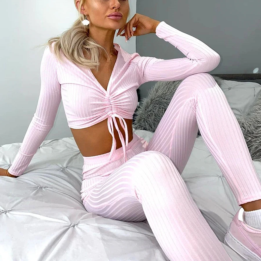 

Kliou K20S09289 2021 New Arrivals Autumn Knitted Solid Pleated Bandage Women Sets Two Piece