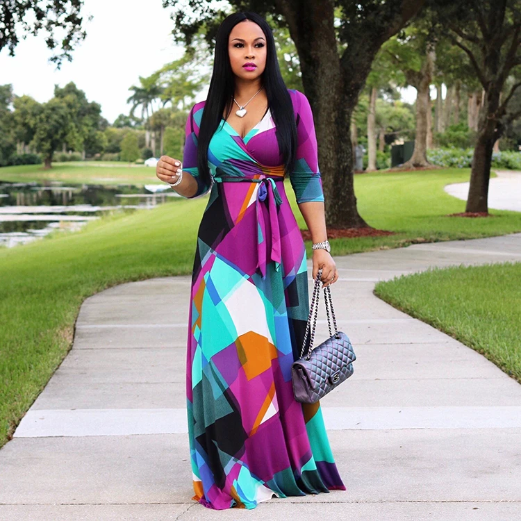 

Bohemia Contrast Color Printed Fitted Women Plus Size Maxi Dress, White,red,gold,green,light blue,black,black+white,rose red,purple