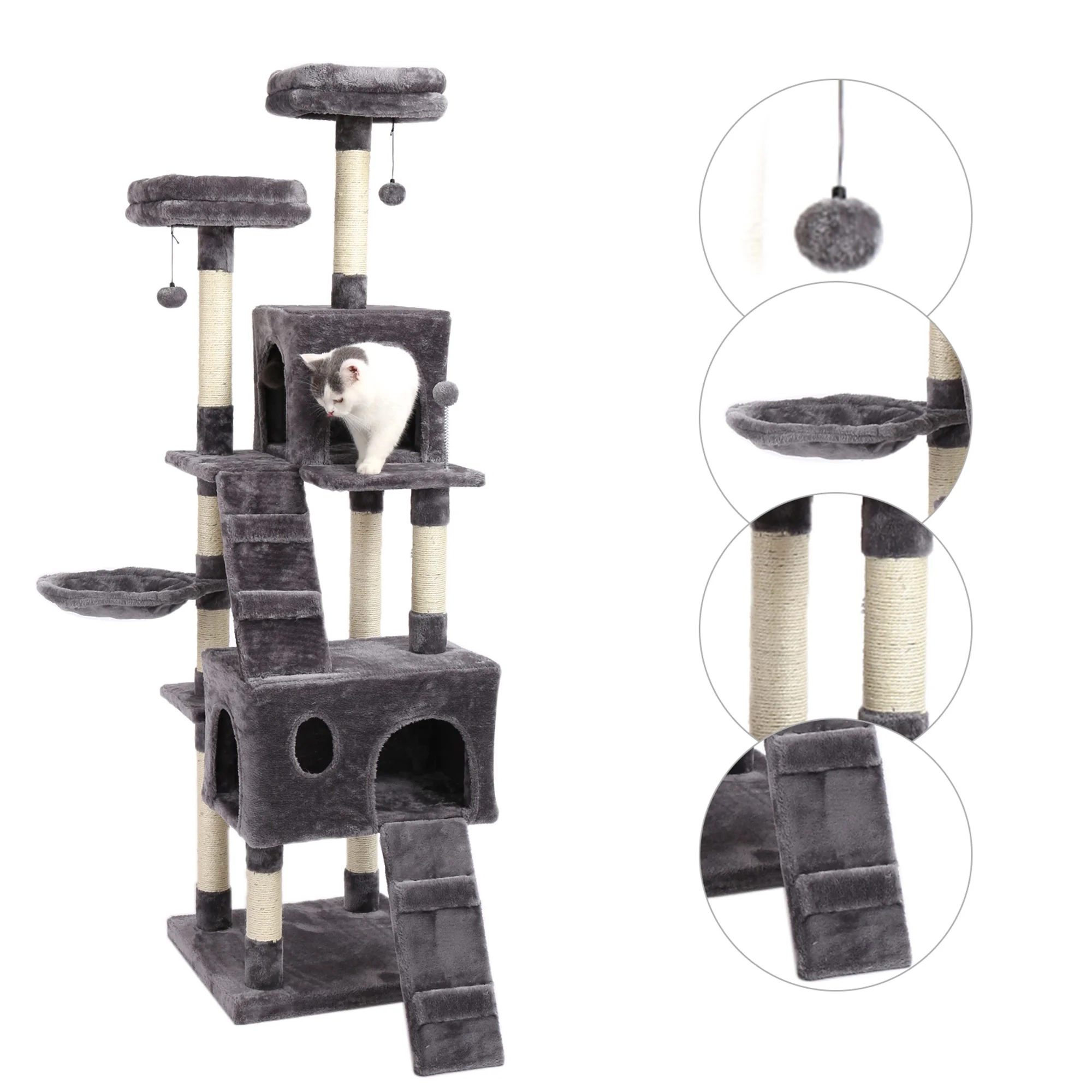 

69 Inches Cat Tree with 2 Condos and 2 Perches, Kitty Climber Tower Furniture, Upgraded Version, Grey