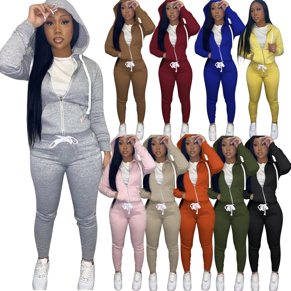 

New Arrival 2022 Casual Sport Solid Color Fall 2 Piece Set Women Clothing Zipper Hoodie Drawstring Two Piece Sweat Pant Sets