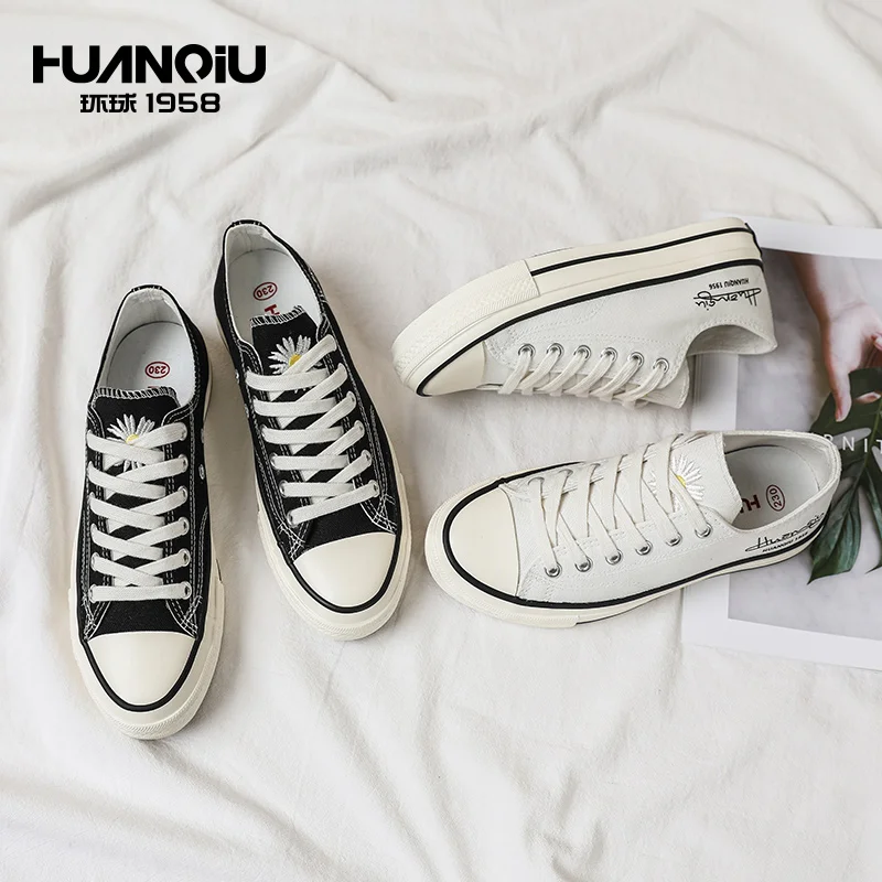 

S6573 HUANQIU Wholesale Anti Slippery Breathable Lace Up Spring Rubber Casual Canvas Shoes, Black/white