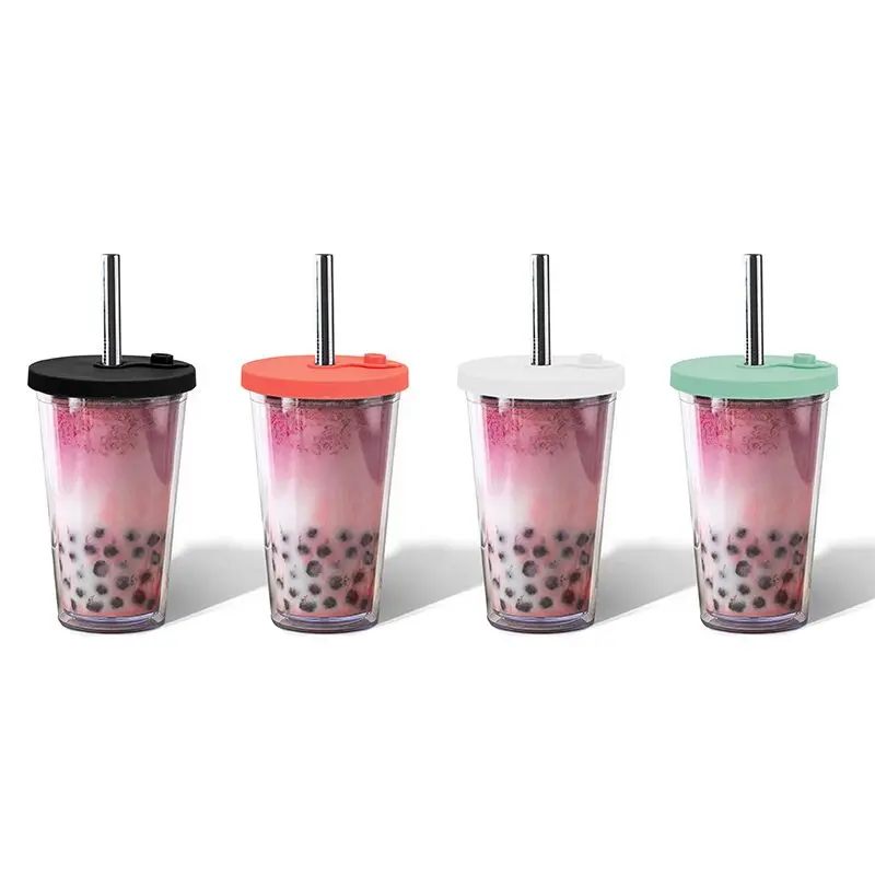 

Reusable 16 oz Double Wall insulated Leak proof Tumbler BOBA Tapioca Pearls multi color Tops with Stainless Steel Straws, Customized colors acceptable