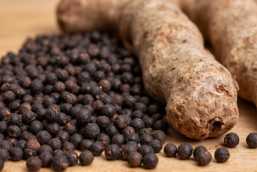 Close-up of black peppercorns next to vetiver roots showing texture contrast for natural fragrance ingredients