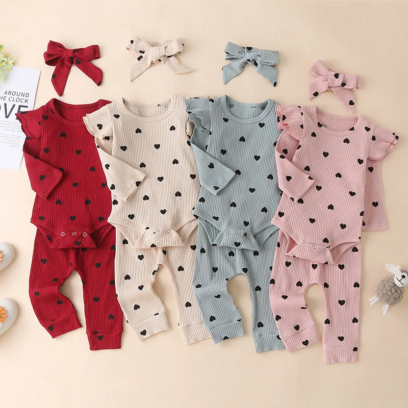 

2021 New Spring Baby Girl Boy 3 pcs Coming Home Outfit Long Sleeves Heart Print Bodysuit +Headband+Pants Clothing Set