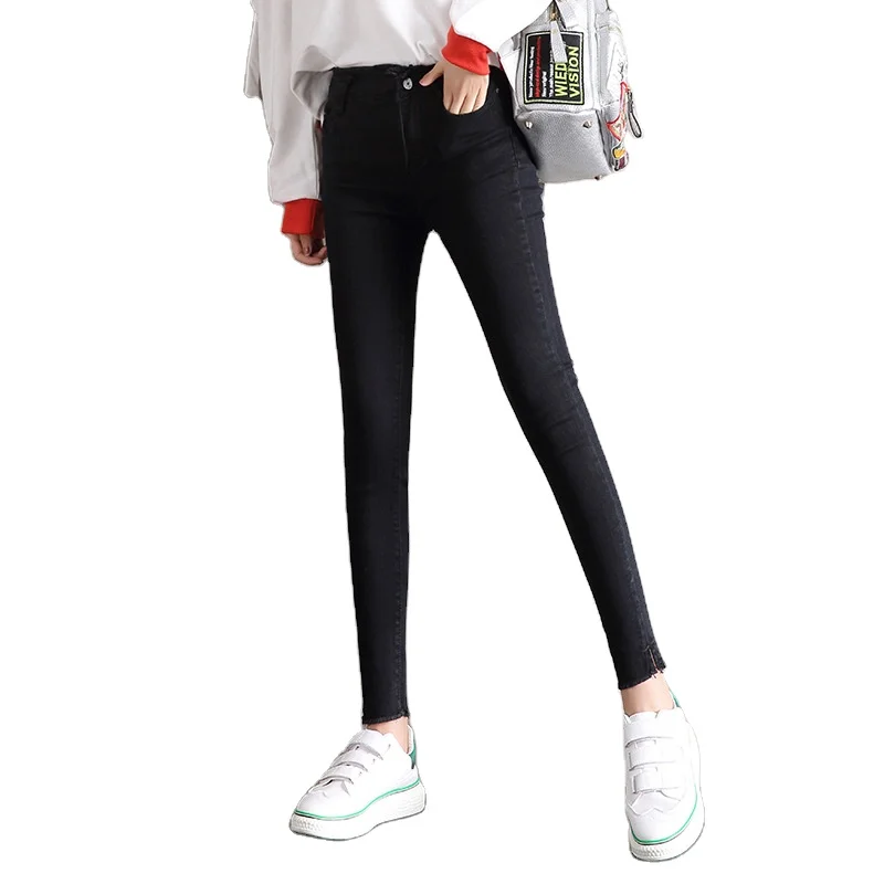 

Wholesale High waist student jeans women's feet raw-edge cropped stretch tight pencil pants cowboy trousers