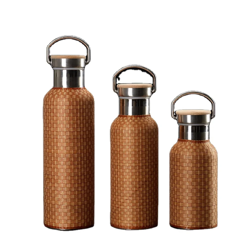 

350ml/500ml/750ml Rattan Bamboo Cover vacuum insulated Stainless Steel 304 travel coffee water bottle thermos with handle lid
