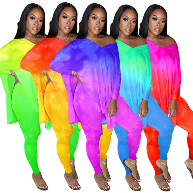 

Hot Sell Gradient Color V Neck Loose Slit Loungewear Plus Size Two Piece Outfits, 5 colors